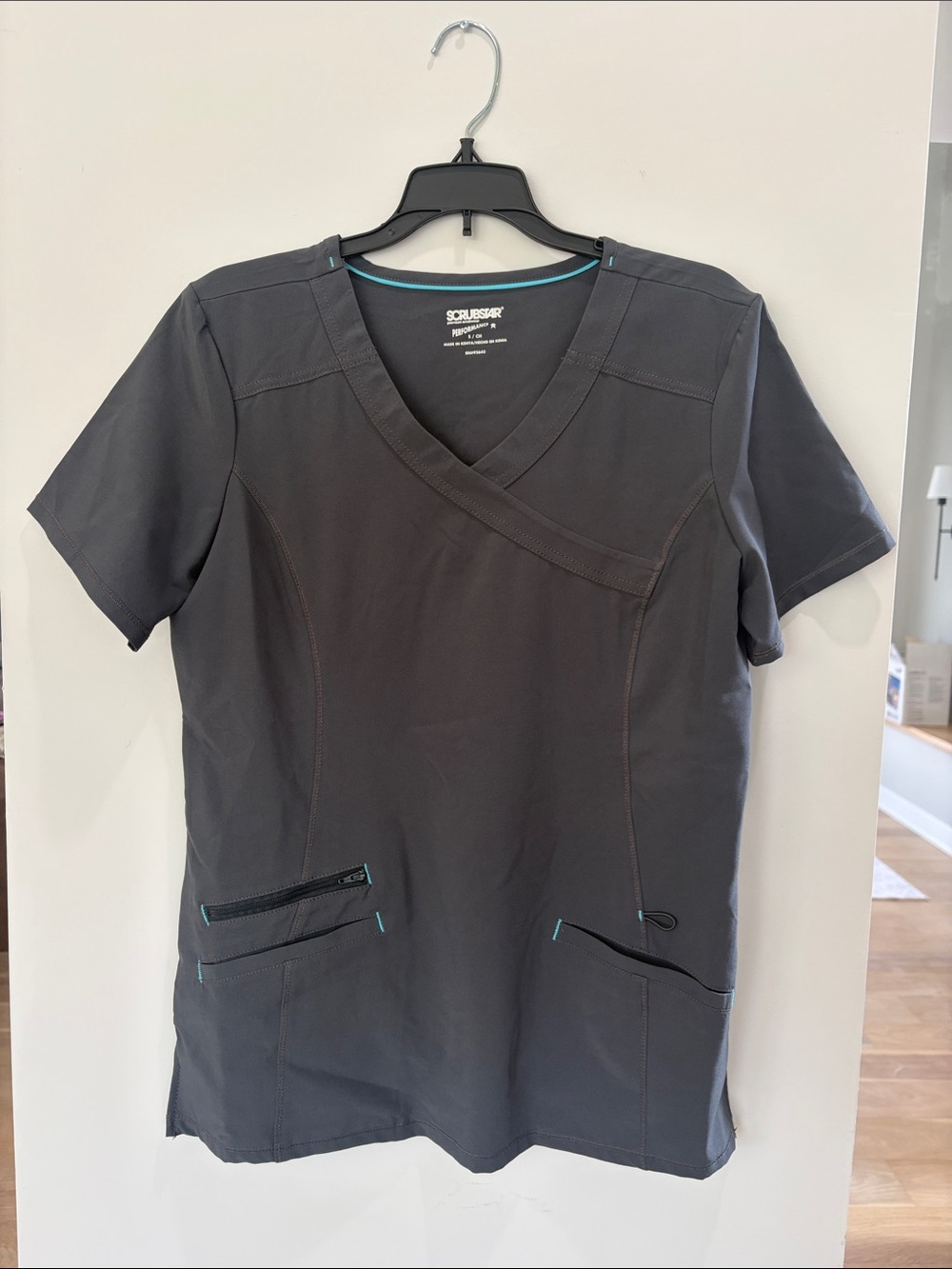 Smart Scrubs Charcoal Gray V-Neck Short Sleeve Medical Top with Teal Accents